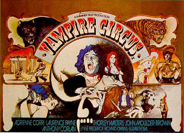 Poster for Vampire Circus mimicking old circus adverts with imaages of animals, vampires, and couple having intercourse